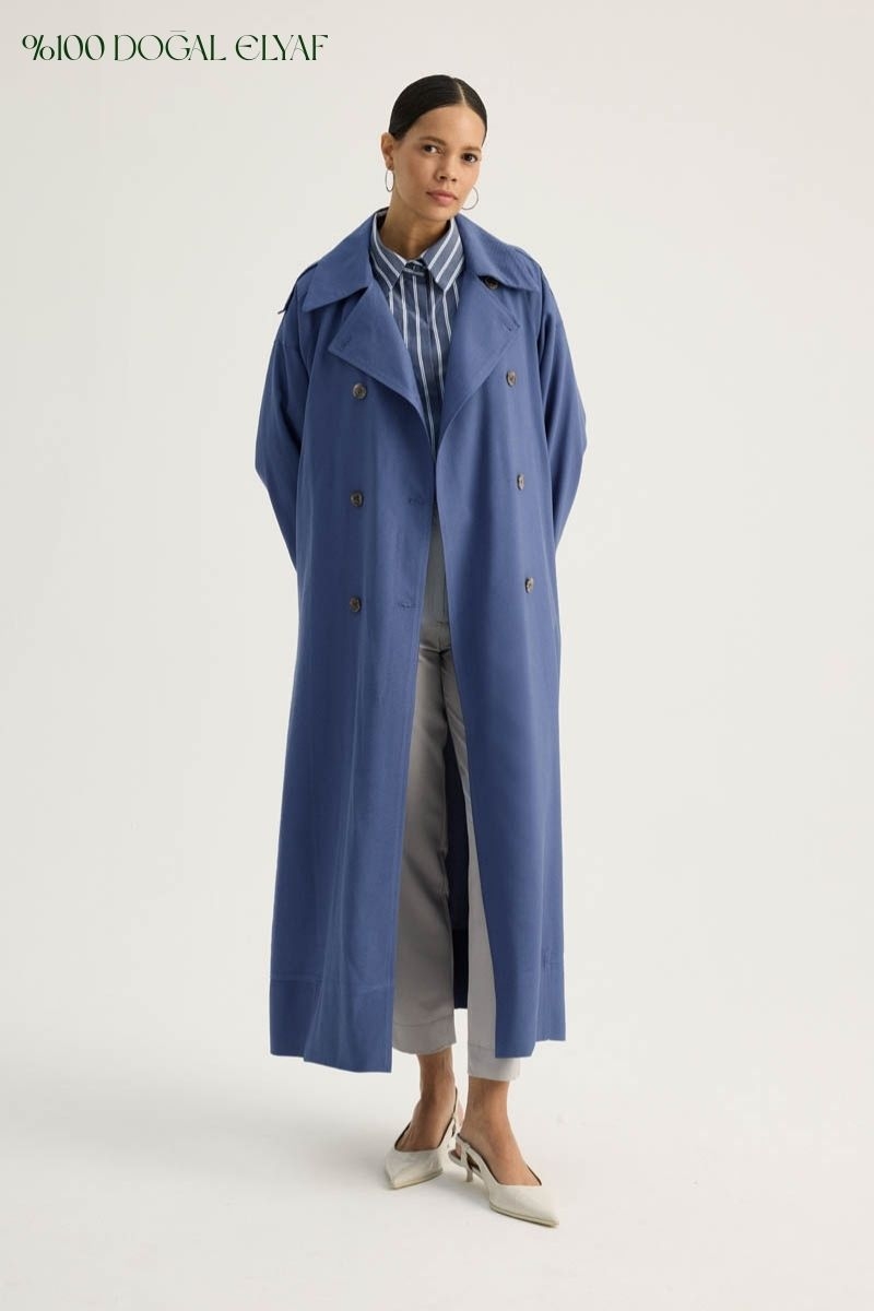 Apoletli Kruvaze Trençkot İndigo