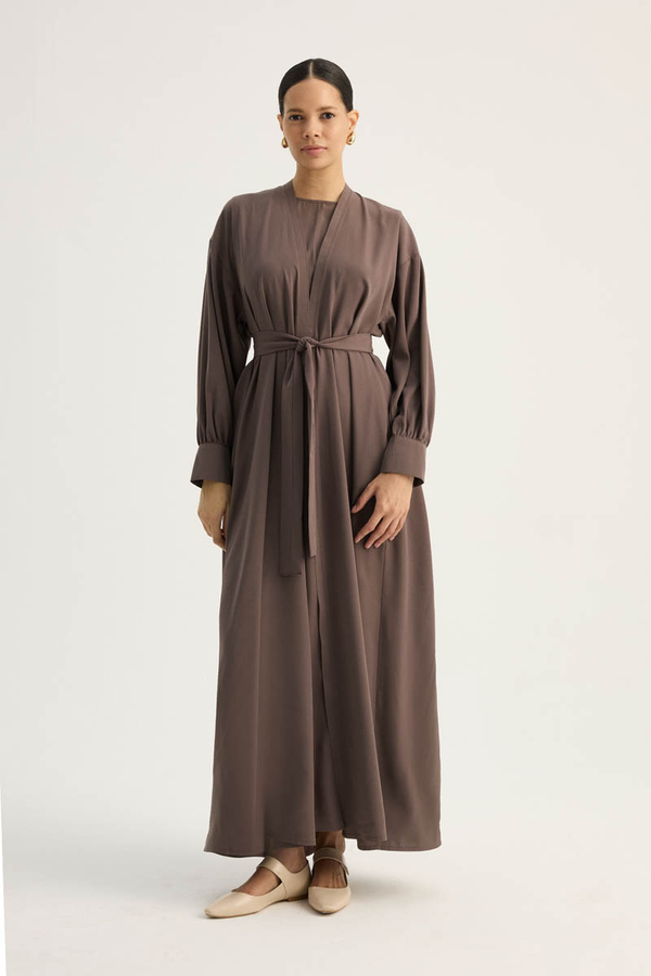 Arka Parçalı Abaya Takım Kahverengi - 3