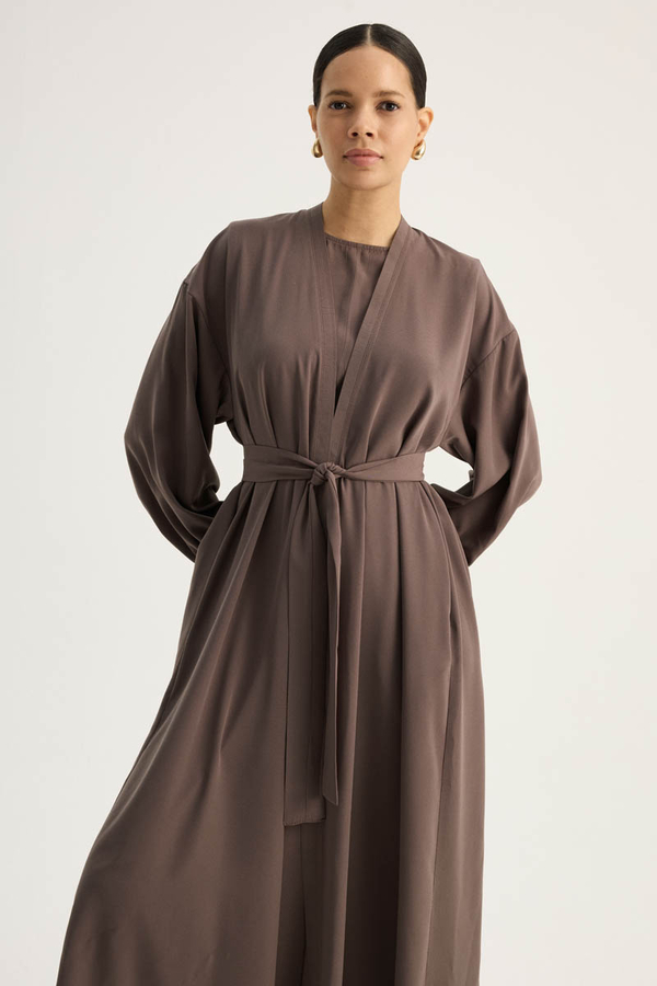 Arka Parçalı Abaya Takım Kahverengi