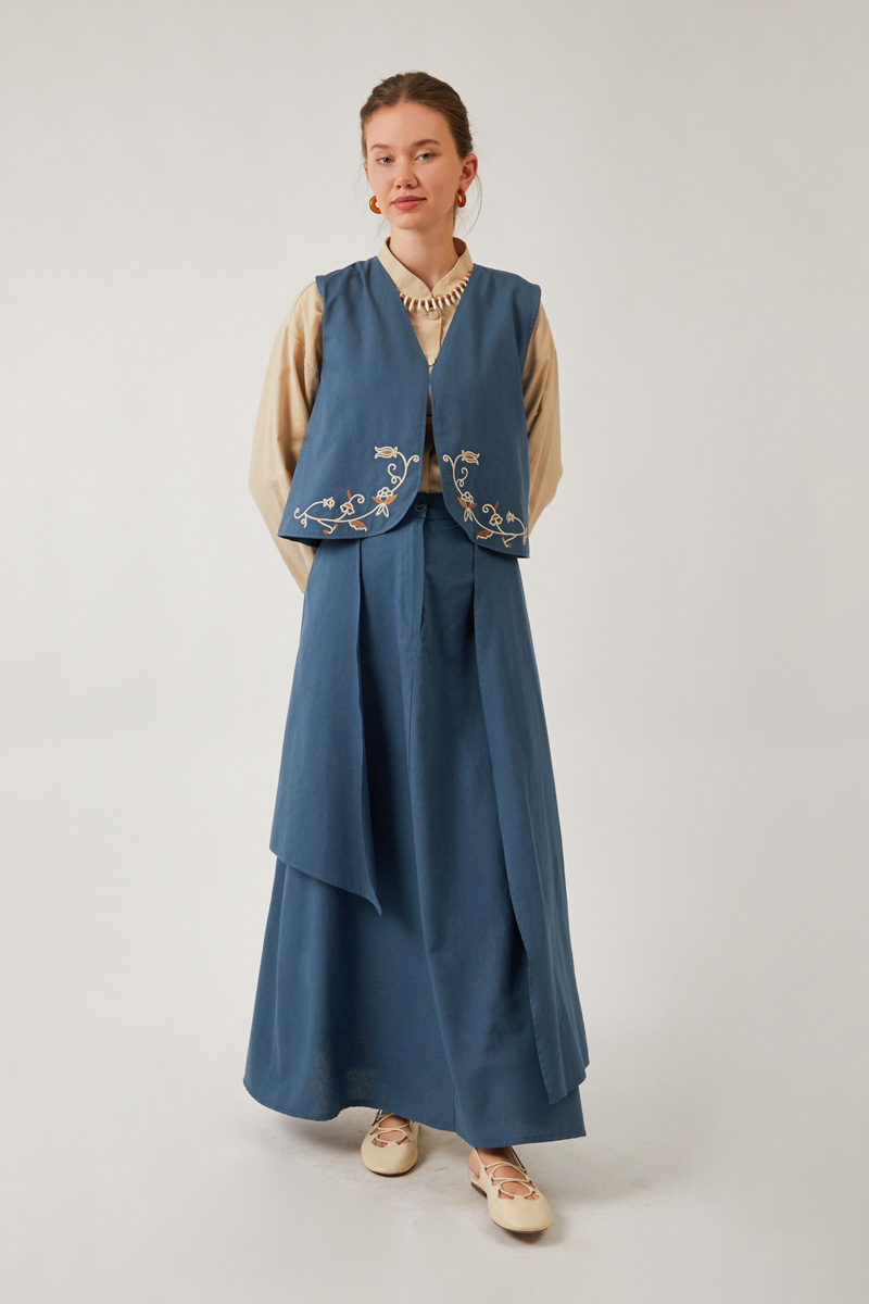 Asimetrik Etekli Yelek Takım İndigo