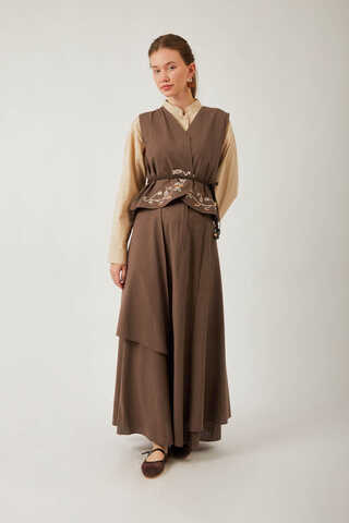 Asimetrik Etekli Yelek Takım Kahverengi - 2