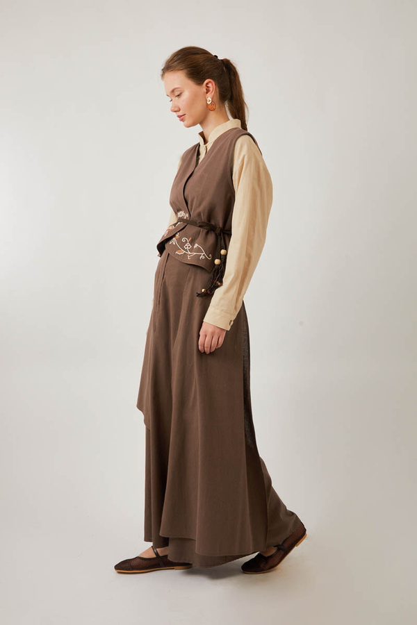 Asimetrik Etekli Yelek Takım Kahverengi - 3
