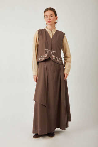 Asimetrik Etekli Yelek Takım Kahverengi - 4
