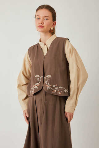 Asimetrik Etekli Yelek Takım Kahverengi - 5