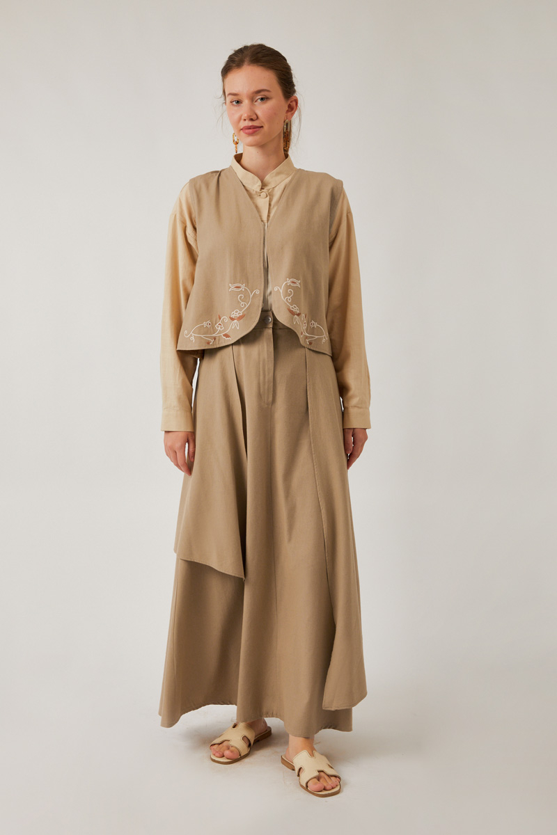 Asimetrik Etekli Yelek Takım Vizon