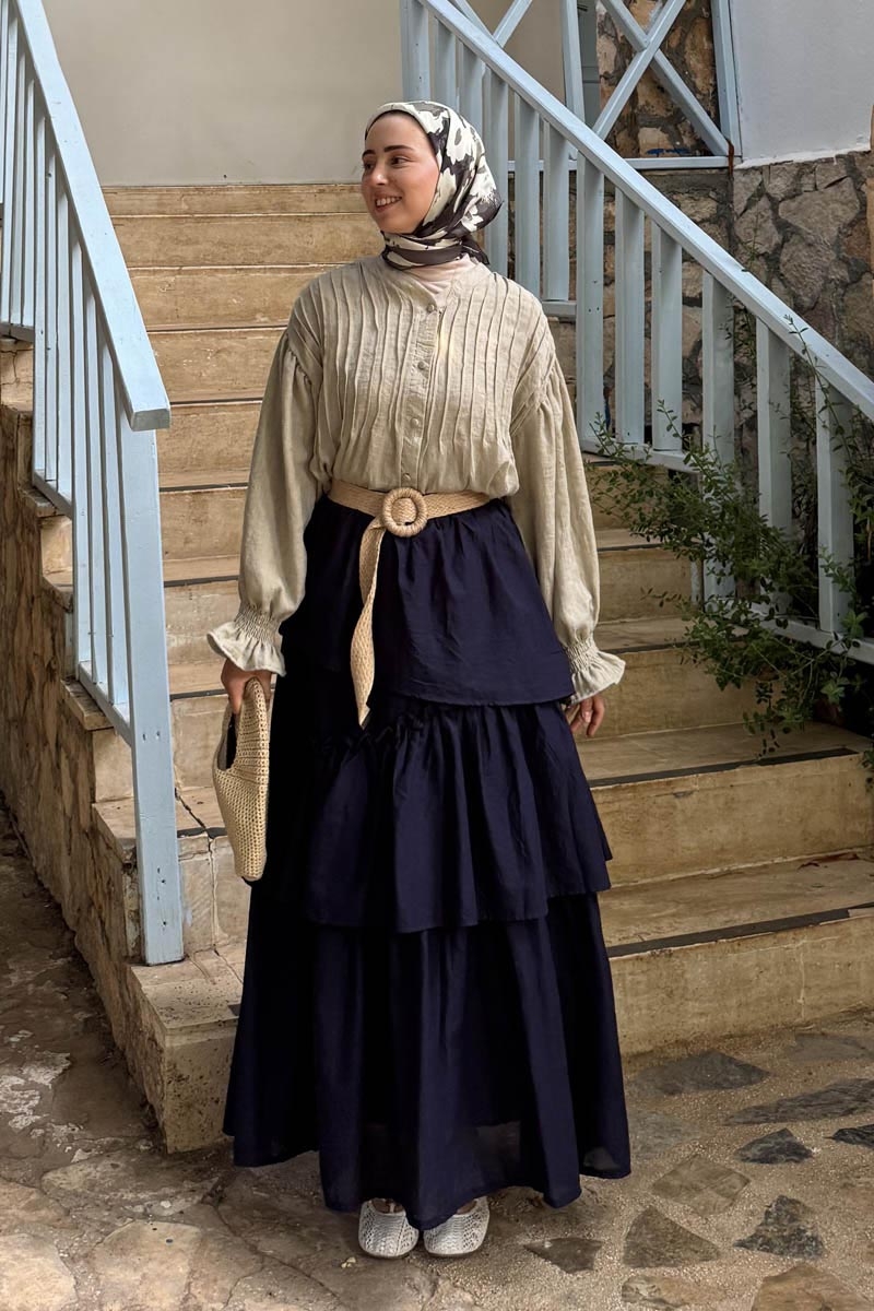 Asimetrik Fırfırlı Etek Lacivert