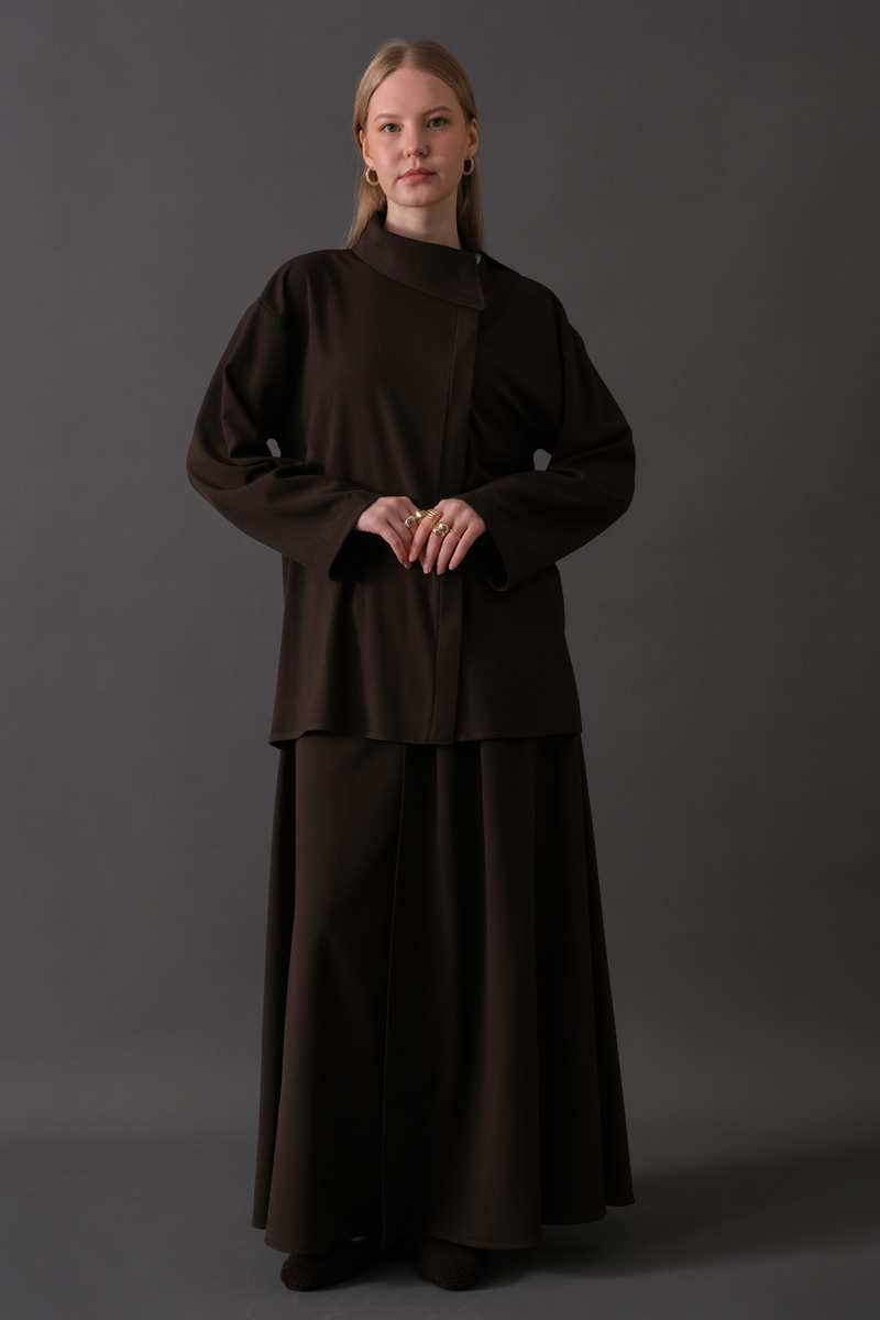 Asymmetric Collar Shirt Dark Brown
