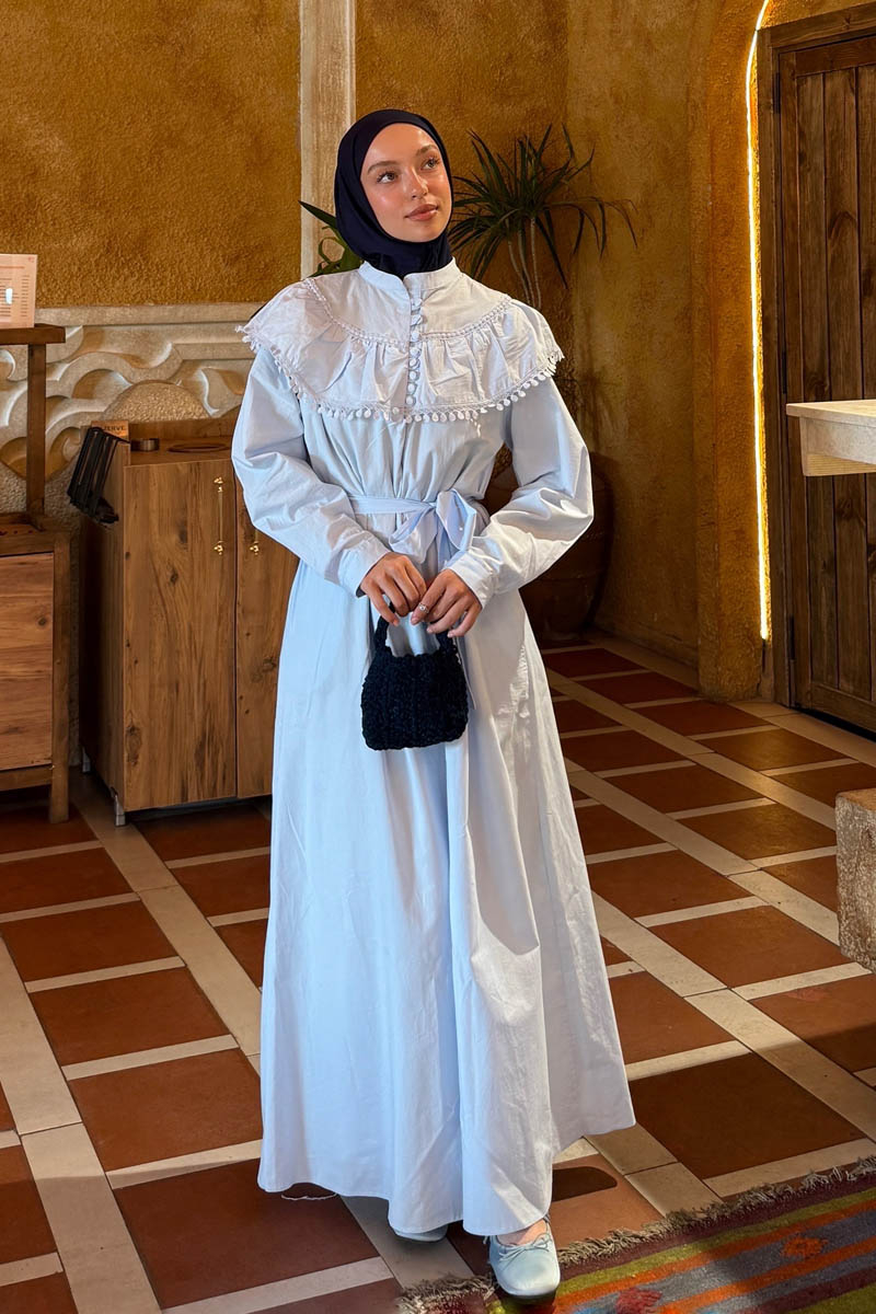 Baby Blue Dress with Ruffled Yoke Detail