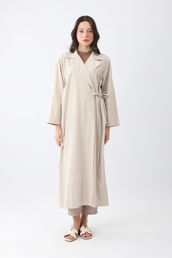 Bağlamalı Keten Trençkot Beyaz - 1