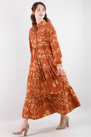 Zulays - Bahar Desenli Elbise Kiremit