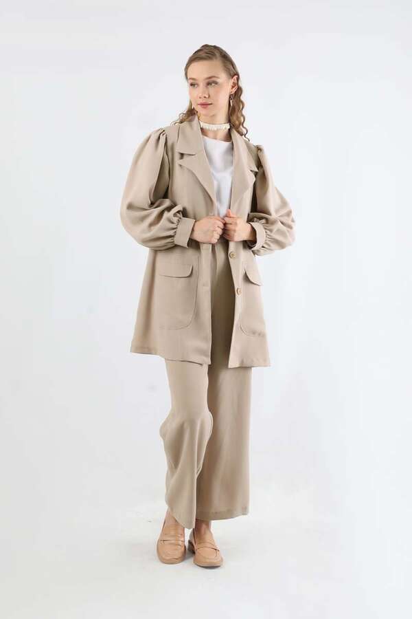Buy Balloon Sleeve Jacket Pants Suit Beige- Zülays Buy Balloon Sleeve Jacket Pants Suit Beige- Zülays