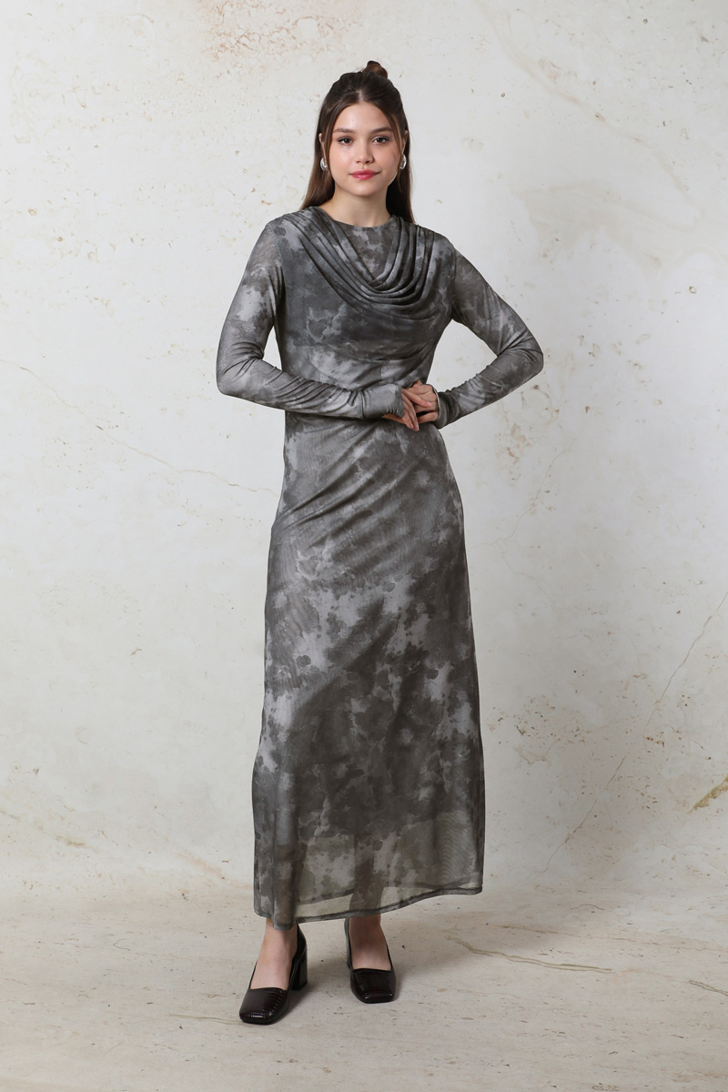 Batik Desen Tül Elbise Füme