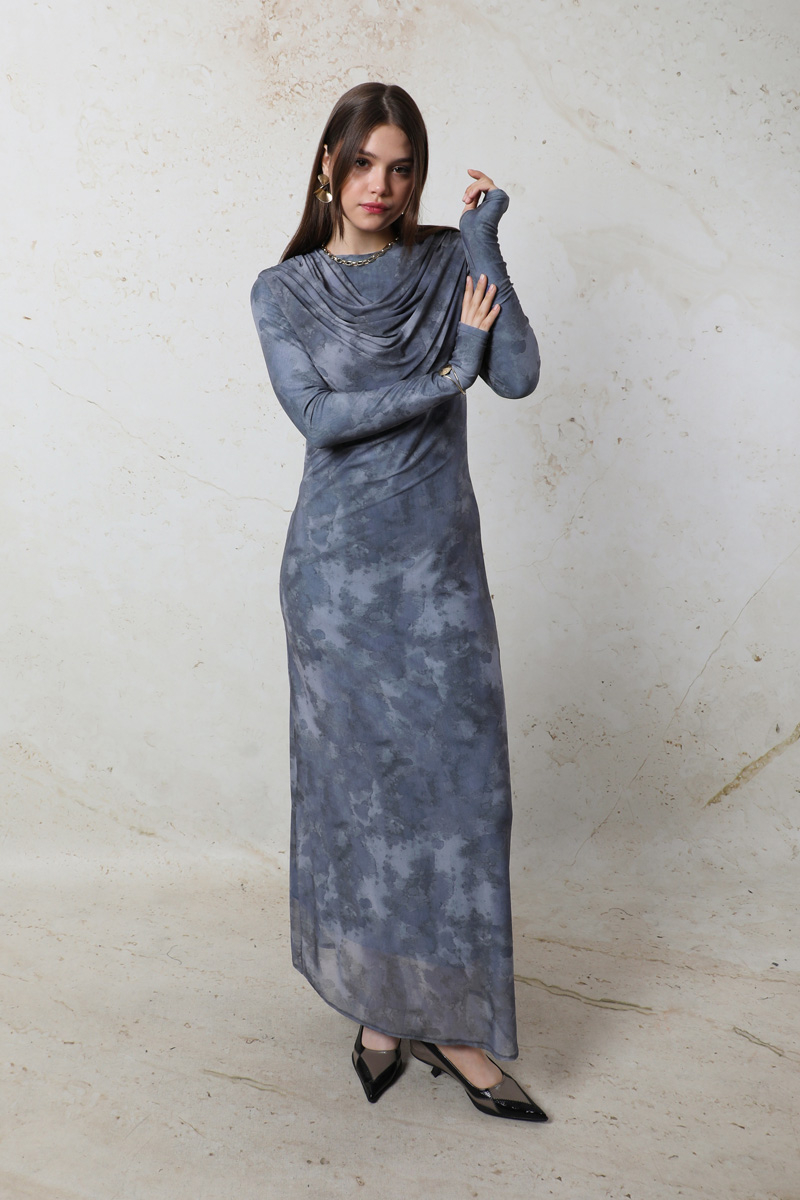 Batik Desen Tül Elbise Mavi