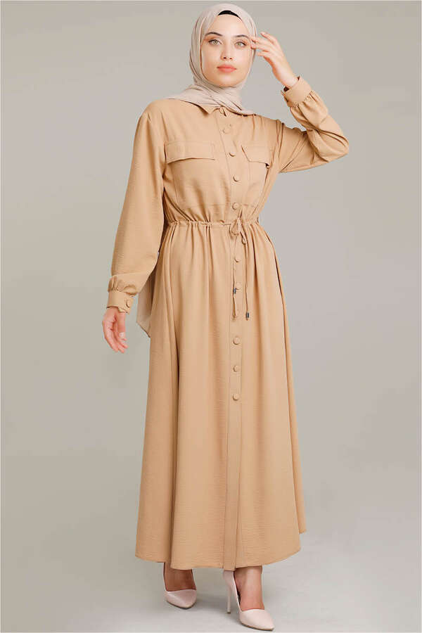 Beli Büzgülü Elbise Camel
