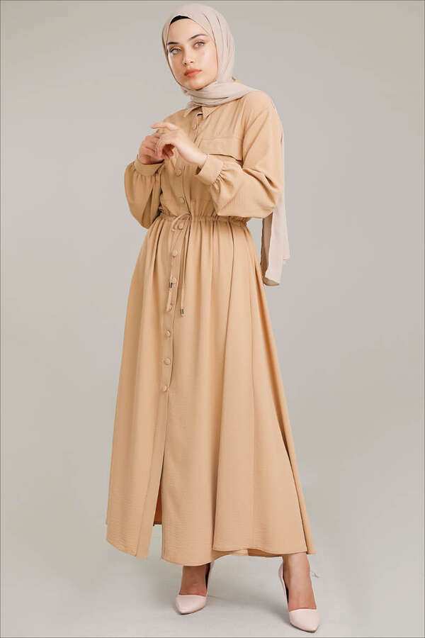Beli Büzgülü Elbise Camel