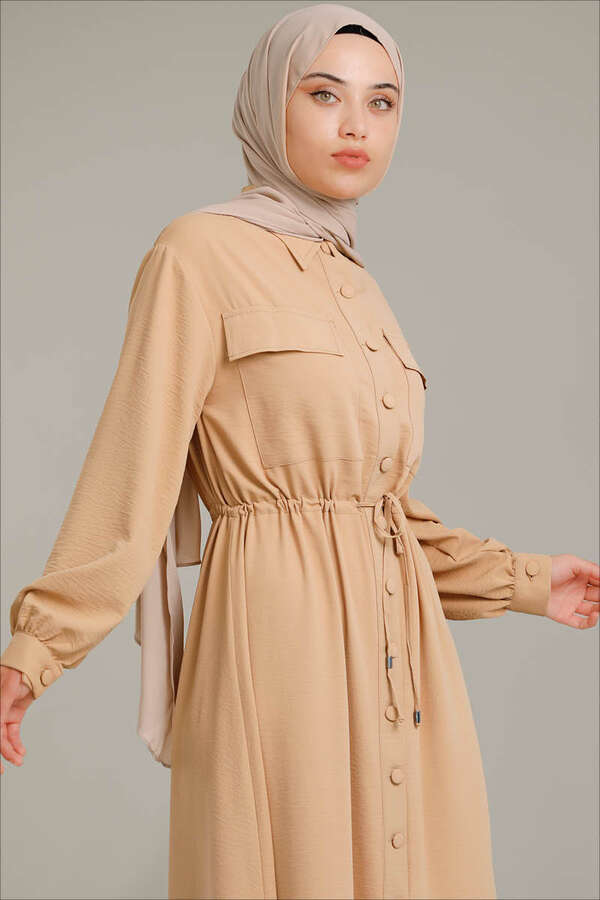 Beli Büzgülü Elbise Camel