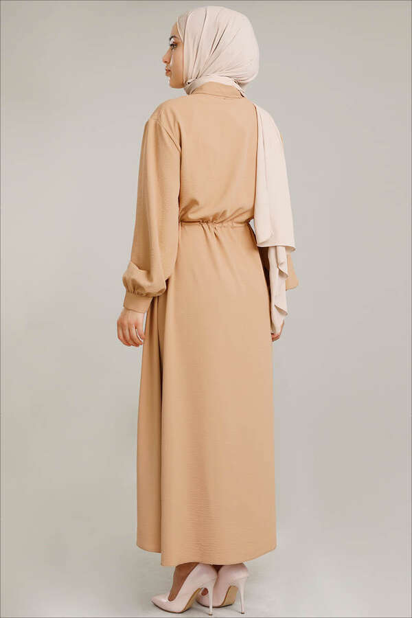 Beli Büzgülü Elbise Camel