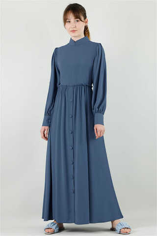 Beli Fırfırlı Düğmeli Elbise Çelik Mavisi - Thumbnail