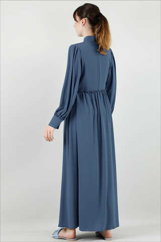 Beli Fırfırlı Düğmeli Elbise Çelik Mavisi - Thumbnail