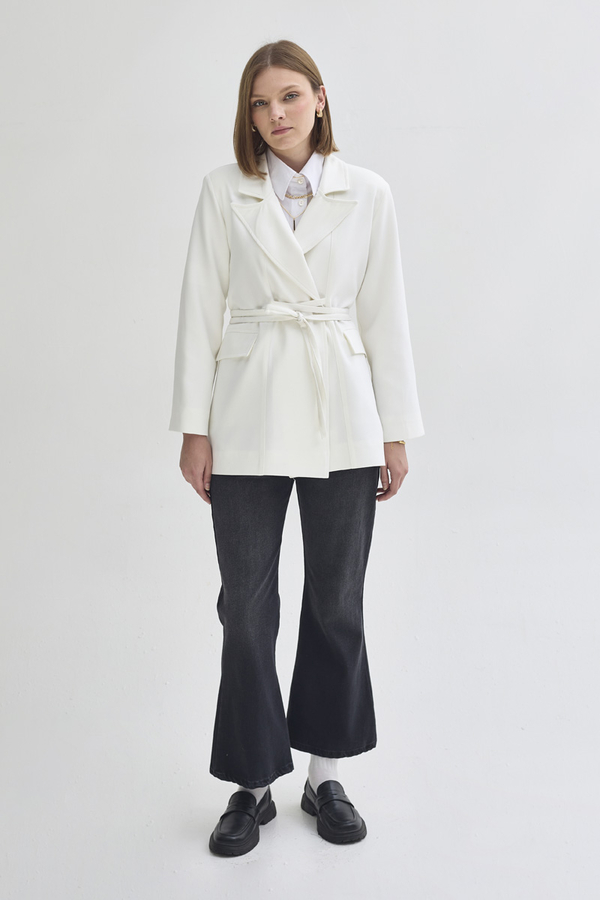 Biye Bağlamalı Blazer Ceket Beyaz - 4