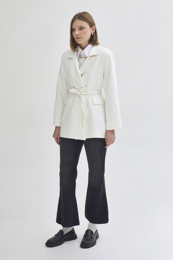 Biye Bağlamalı Blazer Ceket Beyaz - 5