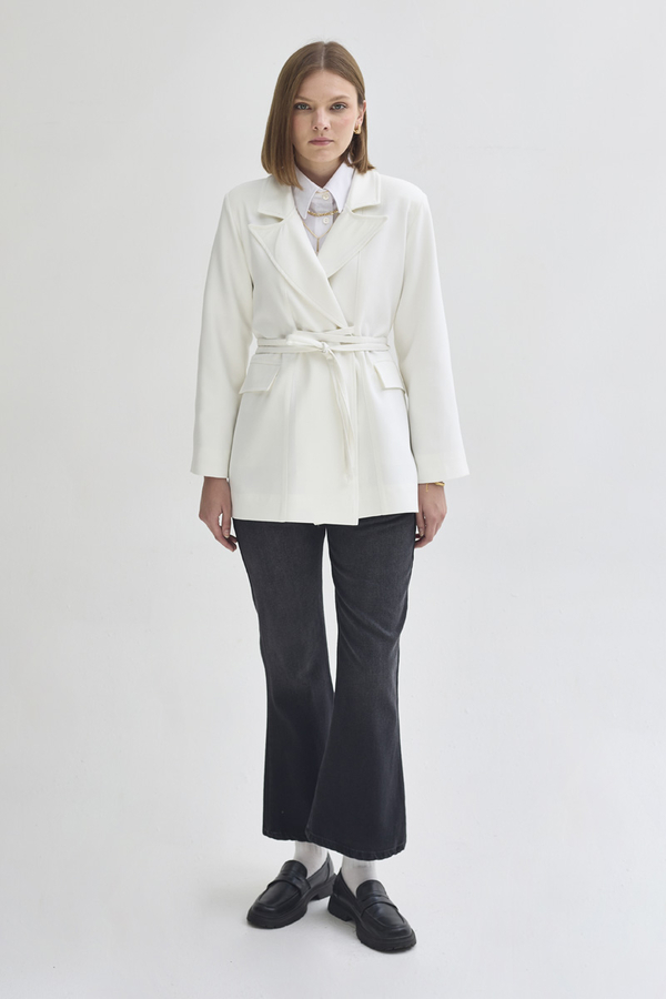Biye Bağlamalı Blazer Ceket Beyaz - 6