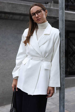 Biye Bağlamalı Blazer Ceket Beyaz - 1