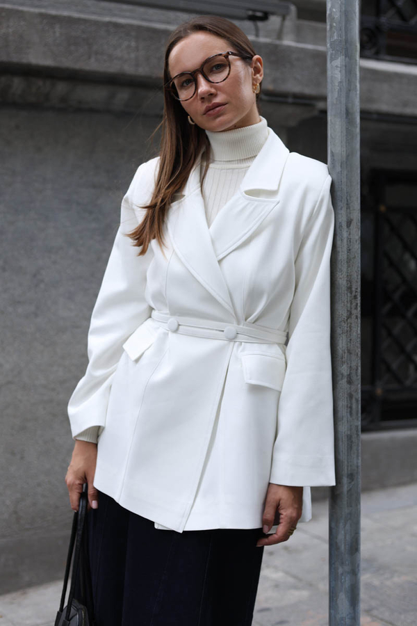 Biye Bağlamalı Blazer Ceket Beyaz - 1