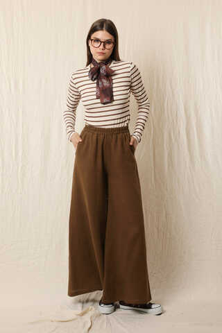 Bol Paça Müslin Pantolon Kahverengi - 3