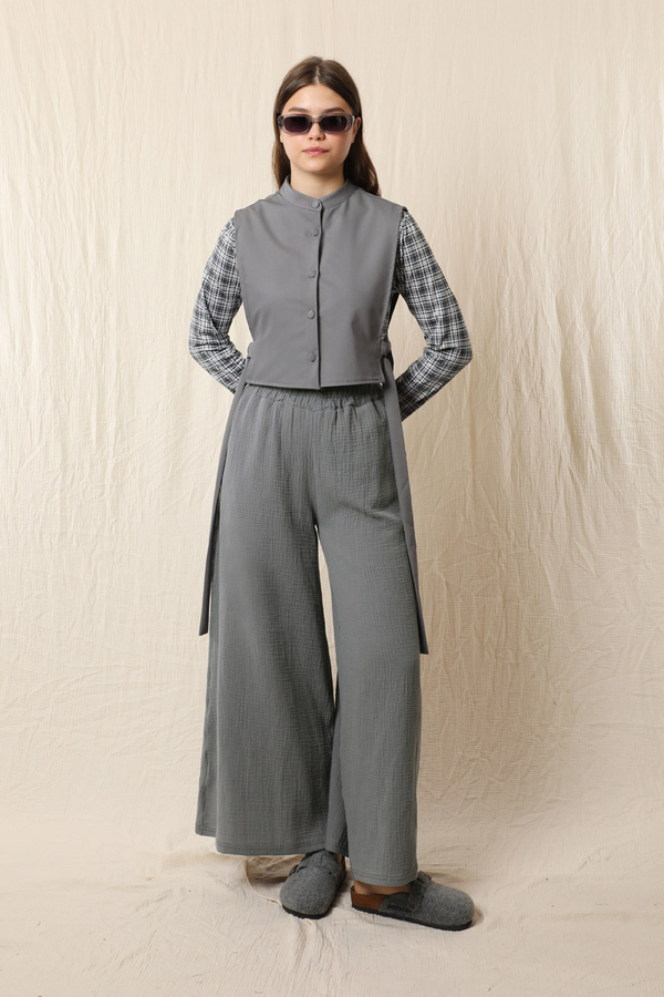 Bol Paça Müslin Pantolon Koyu Gri - 2