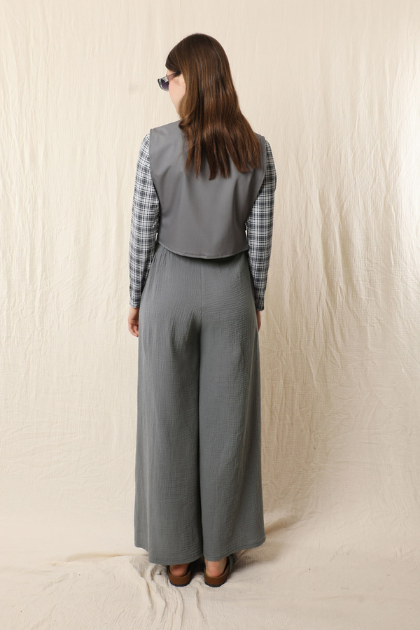 Bol Paça Müslin Pantolon Koyu Gri - 7