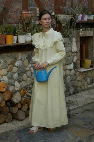 Robası Volan Detaylı Elbise Tereyağı Sarısı - 5