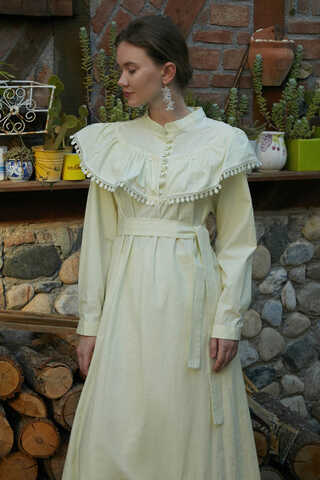 Robası Volan Detaylı Elbise Tereyağı Sarısı - 4