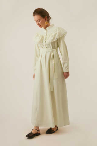 Robası Volan Detaylı Elbise Tereyağı Sarısı - 9