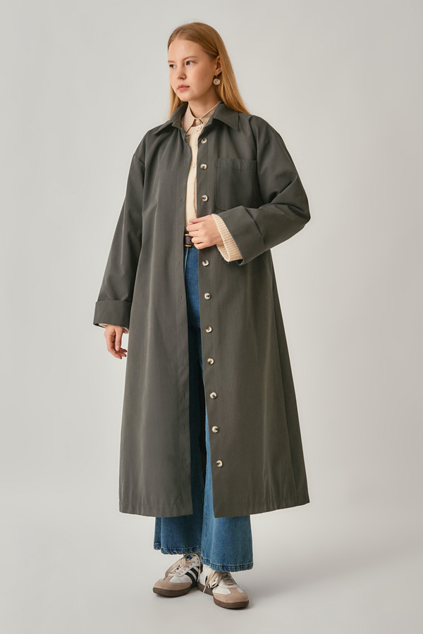 Buttoned Long Trenchcoat Anthracite - 2