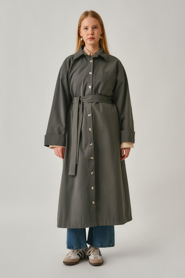 Buttoned Long Trenchcoat Anthracite - 4