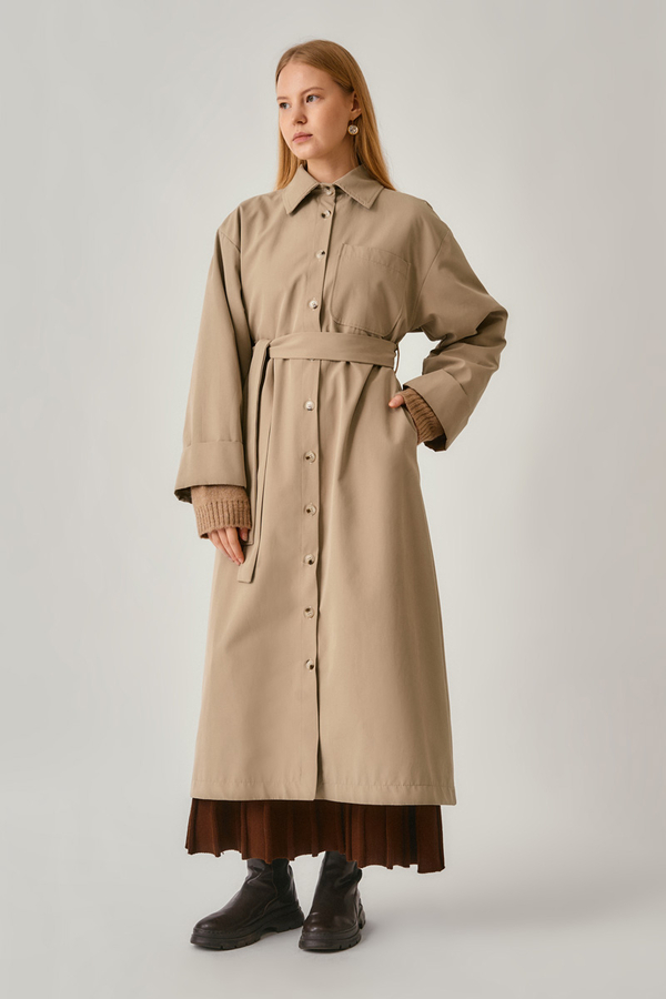 Buttoned Long Trenchcoat Beige - 5