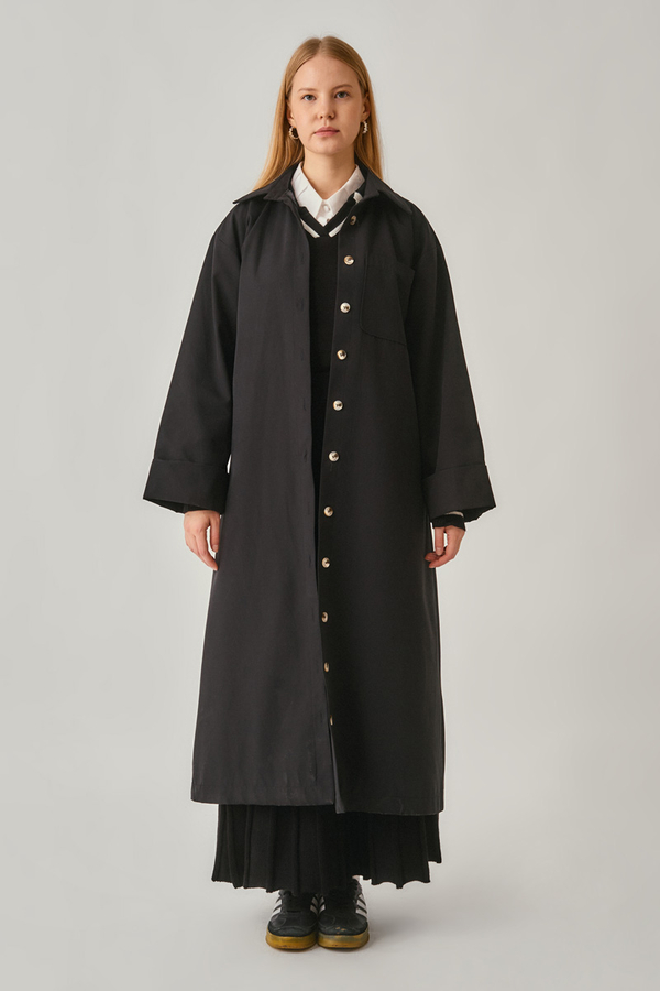 Buttoned Long Trenchcoat Black 