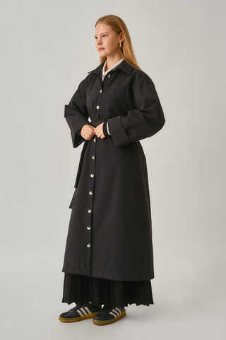 Buttoned Long Trenchcoat Black - 4