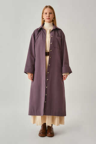 Buttoned Long Trenchcoat Dark Plum - 1