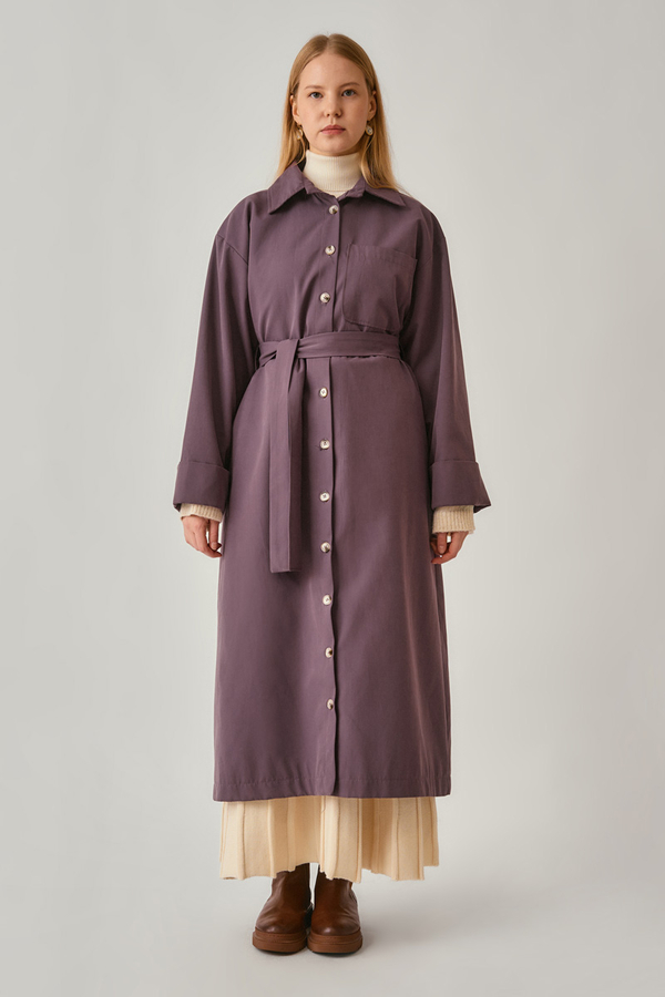 Buttoned Long Trenchcoat Dark Plum - 3