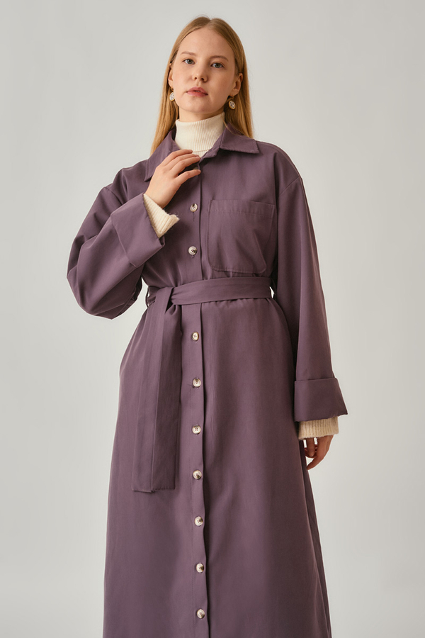 Buttoned Long Trenchcoat Dark Plum - 10