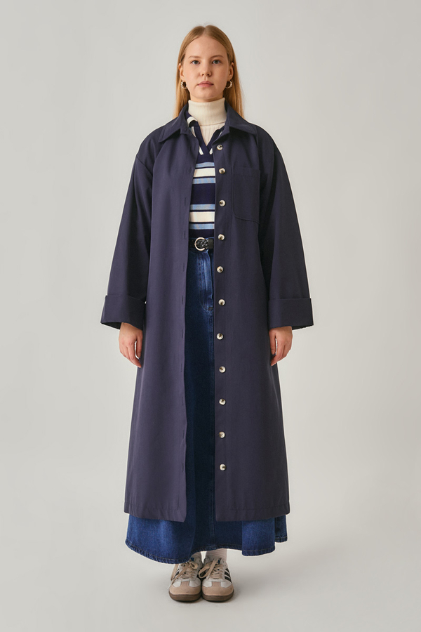 Buttoned Long Trenchcoat Navy 