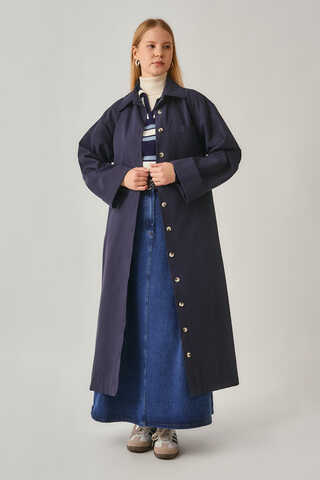Buttoned Long Trenchcoat Navy - 2
