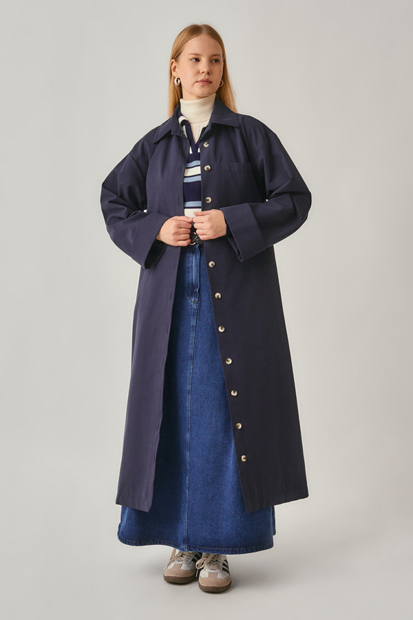 Buttoned Long Trenchcoat Navy - 2