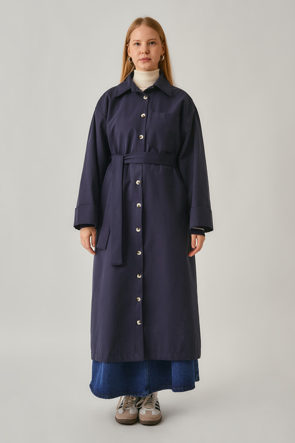 Buttoned Long Trenchcoat Navy - 4