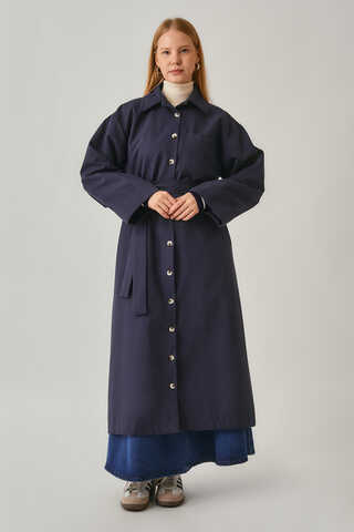 Buttoned Long Trenchcoat Navy - 6