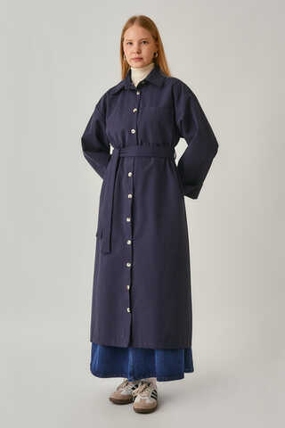 Buttoned Long Trenchcoat Navy - 8