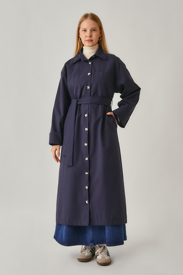 Buttoned Long Trenchcoat Navy - 13