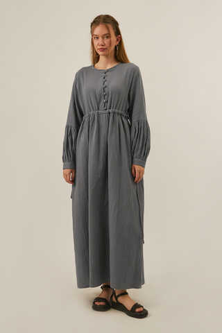 Buttoned Muslin Dress Anthracite - 1